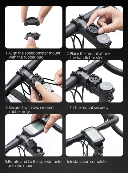 Step-by-step installation guide for a bicycle speedometer mount.