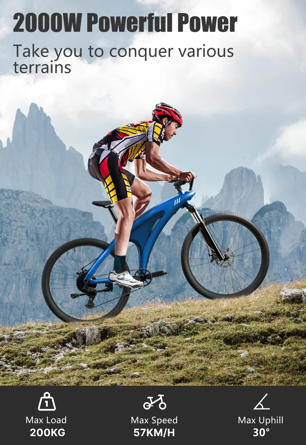 Person riding a mountain bike with text about power and capabilities on a scenic background