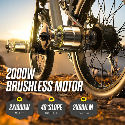 Close-up of a bicycle with a 2000W brushless motor against a sunset background.