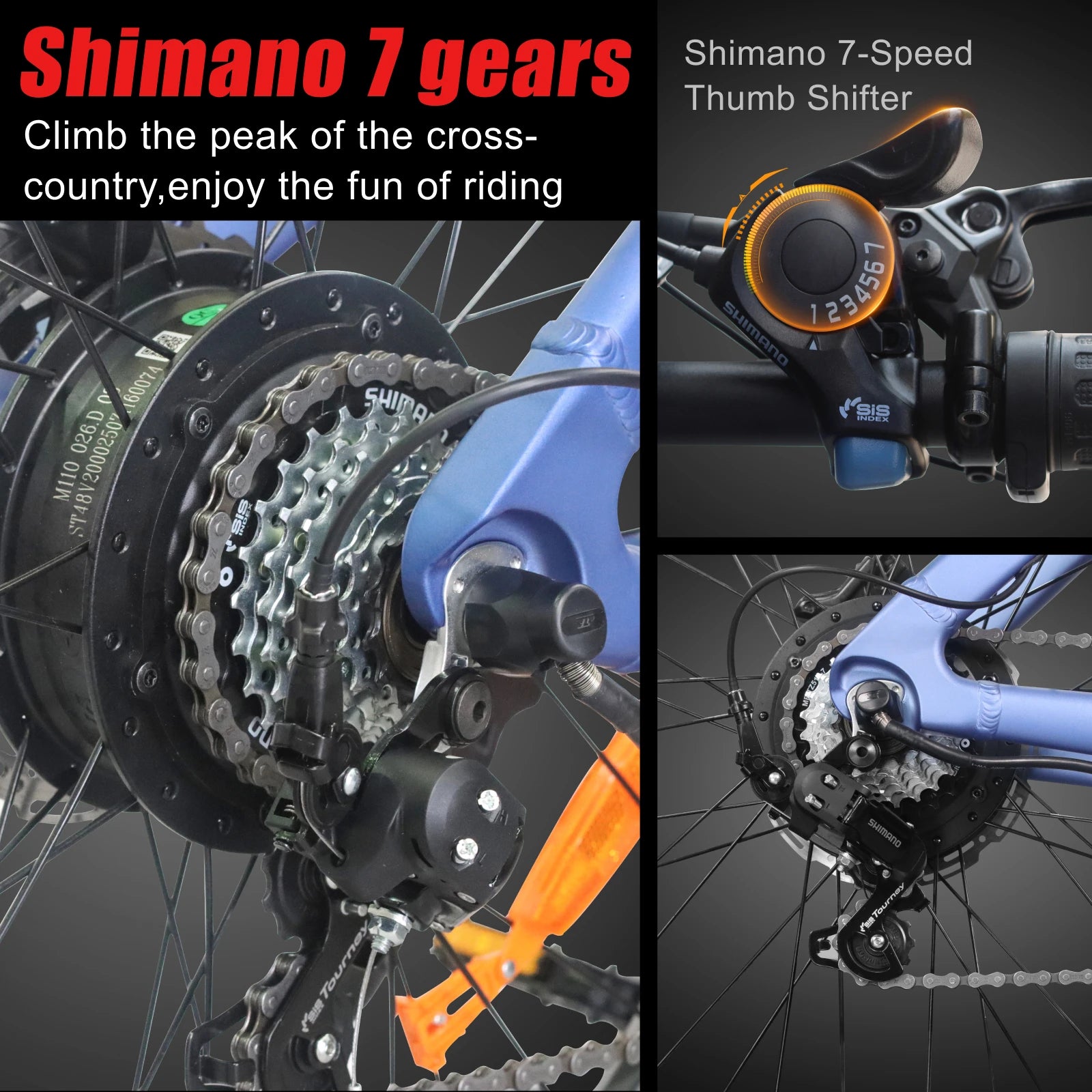 Bicycle gear system with Shimano branding and text about climbing cross-country and enjoying riding.