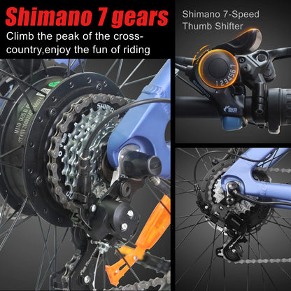 Bicycle gear system with Shimano branding and text about climbing cross-country and enjoying riding.