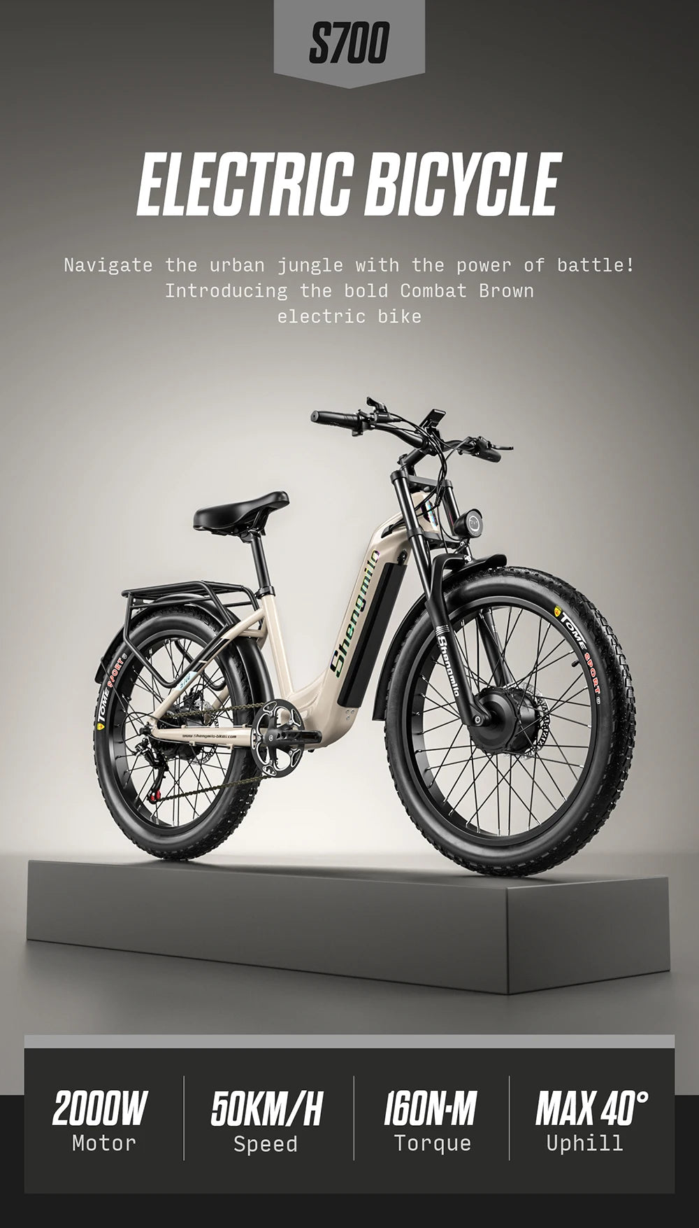 Electric bicycle on a gray platform with promotional text and features displayed.