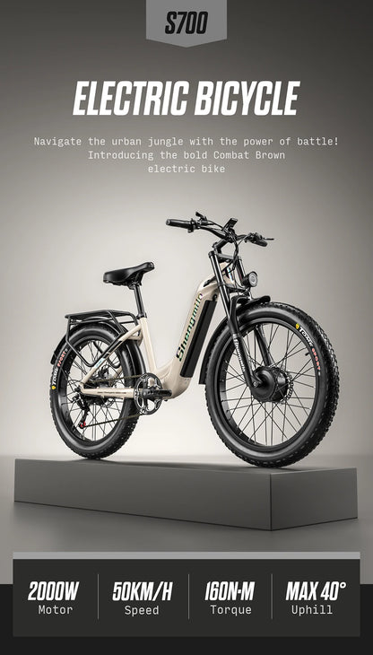 Electric bicycle on a gray platform with promotional text and features displayed.