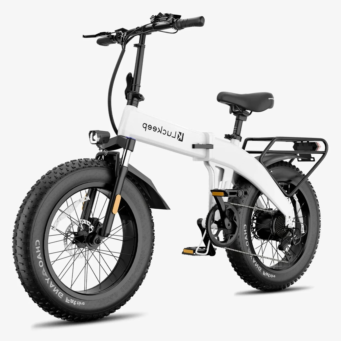 White electric bike with black tires on a white background