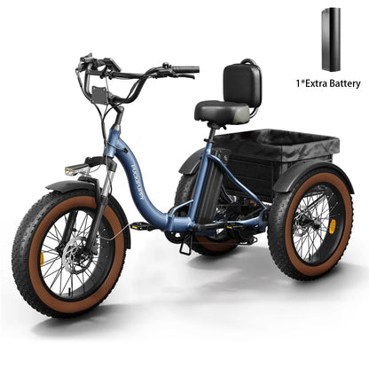 Blue electric tricycle with a black seat and extra battery on a white background