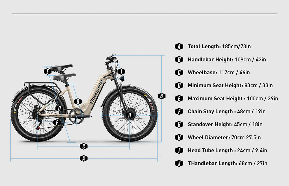 Electric bike with detailed measurements on a white background