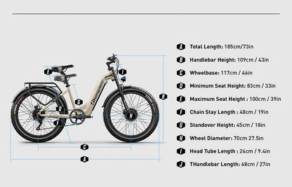 Electric bike with detailed measurements on a white background