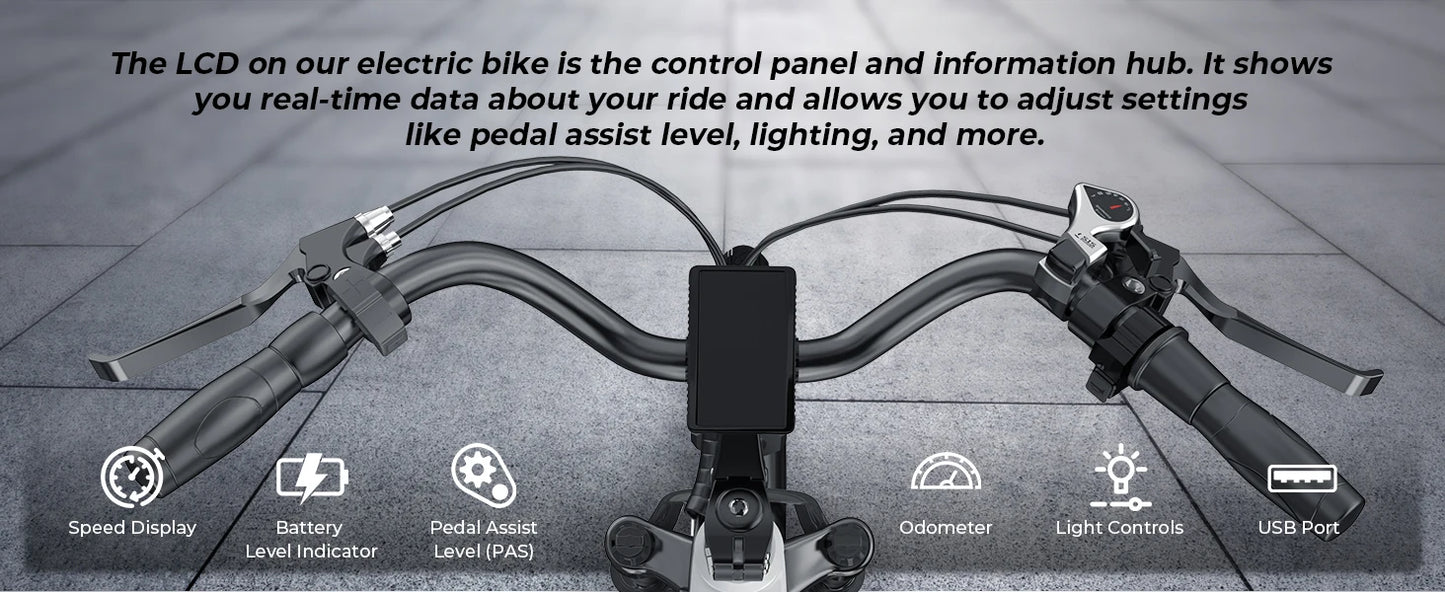 Electric bike control panel with various indicators and settings on a gray background