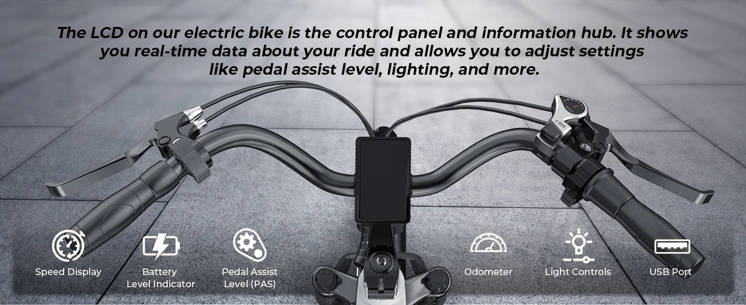 Electric bike control panel with various indicators and settings on a gray background