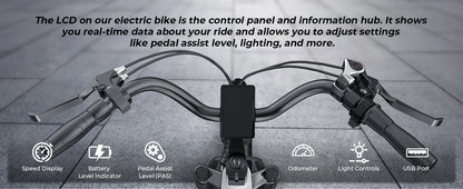 Electric bike control panel with various indicators and settings on a gray background