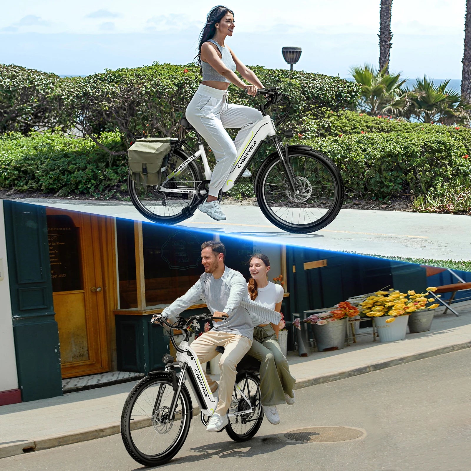 Two people riding electric bikes in an urban setting with a scenic background.