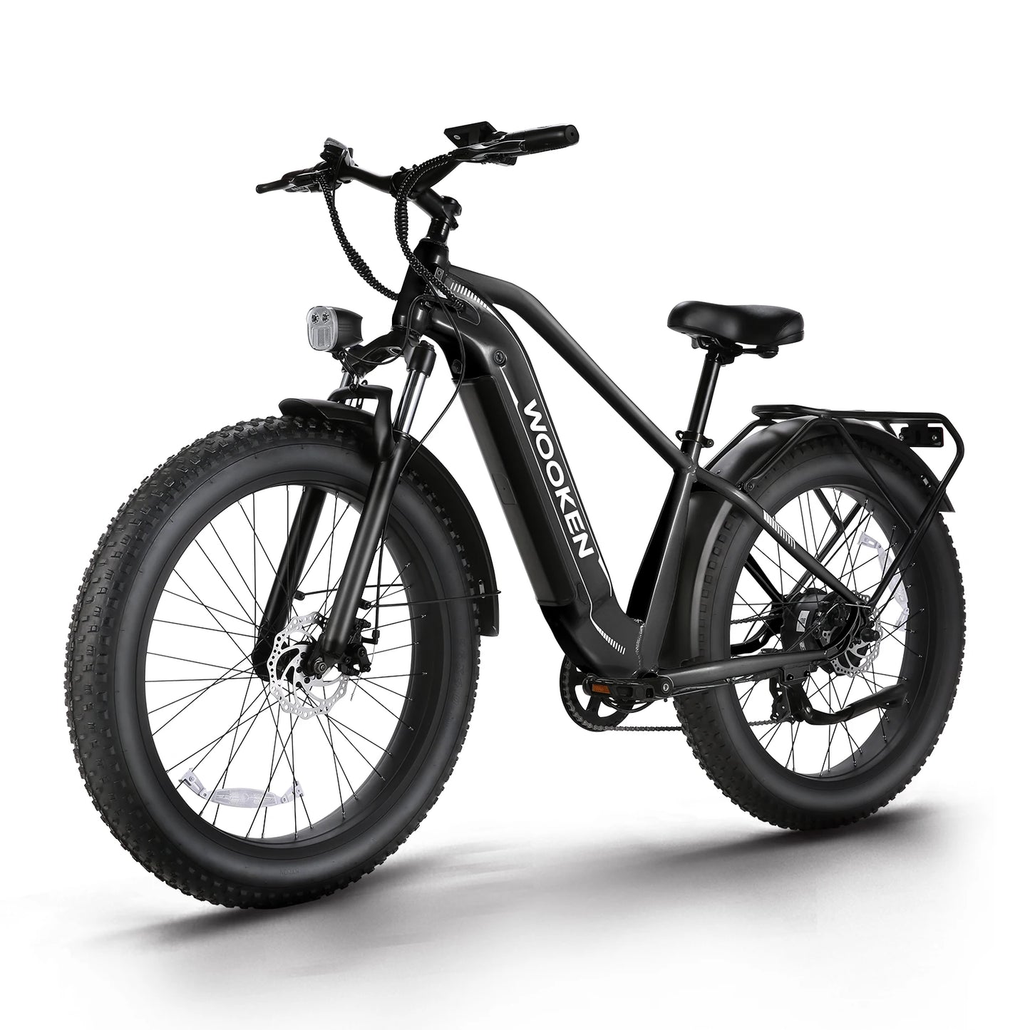 Black electric bike with 'Woken' branding on a white background
