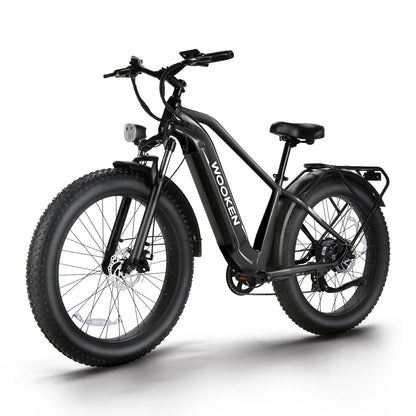 Black electric bike with 'Woken' branding on a white background