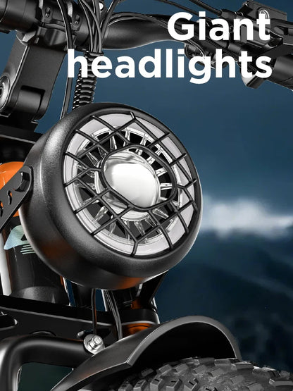 Close-up of a motorcycle headlight with 'Giant headlights' text against a mountainous background.