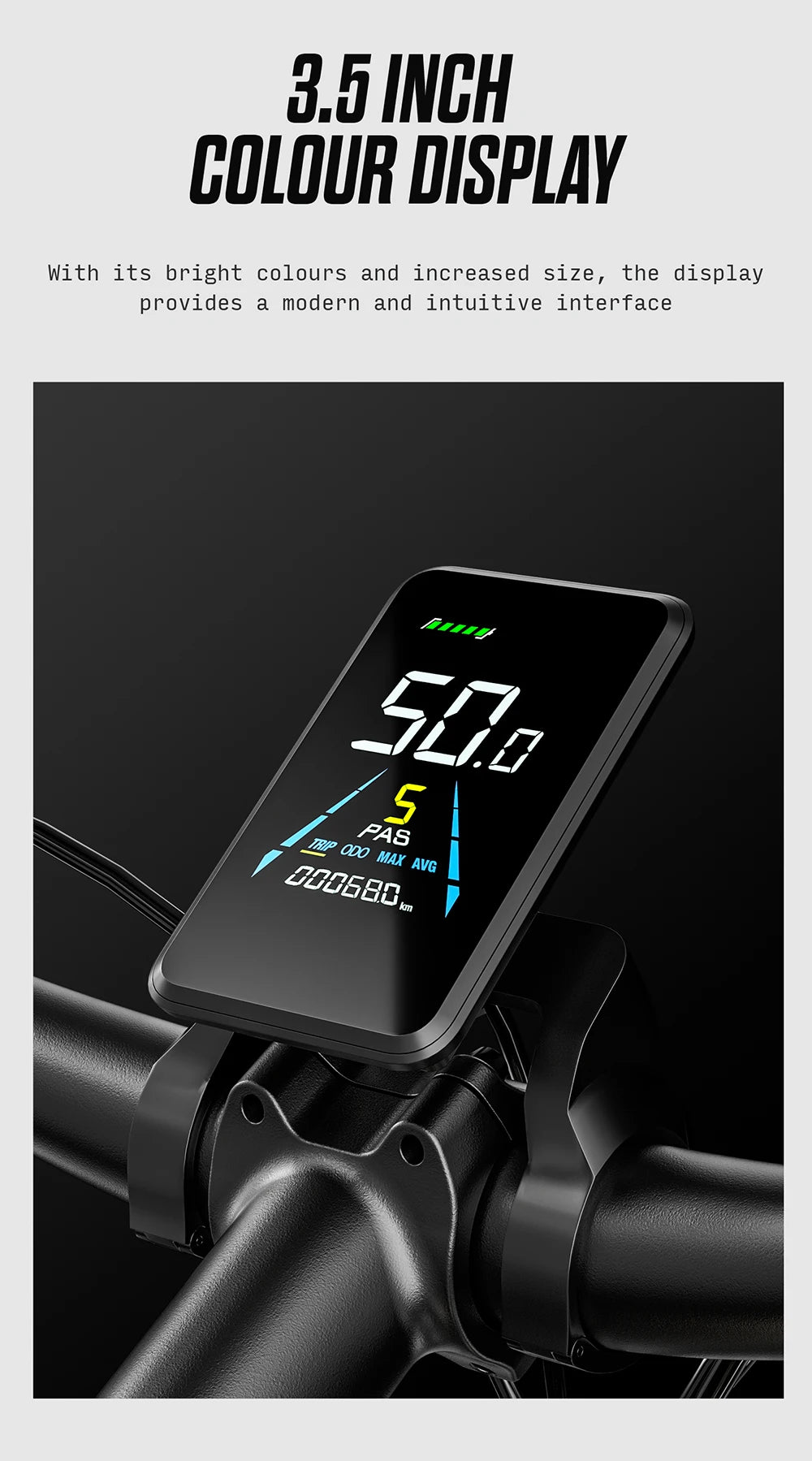 3.5 inch color display on a motorcycle handlebar with text about its features.
