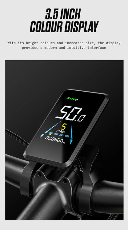 3.5 inch color display on a motorcycle handlebar with text about its features.