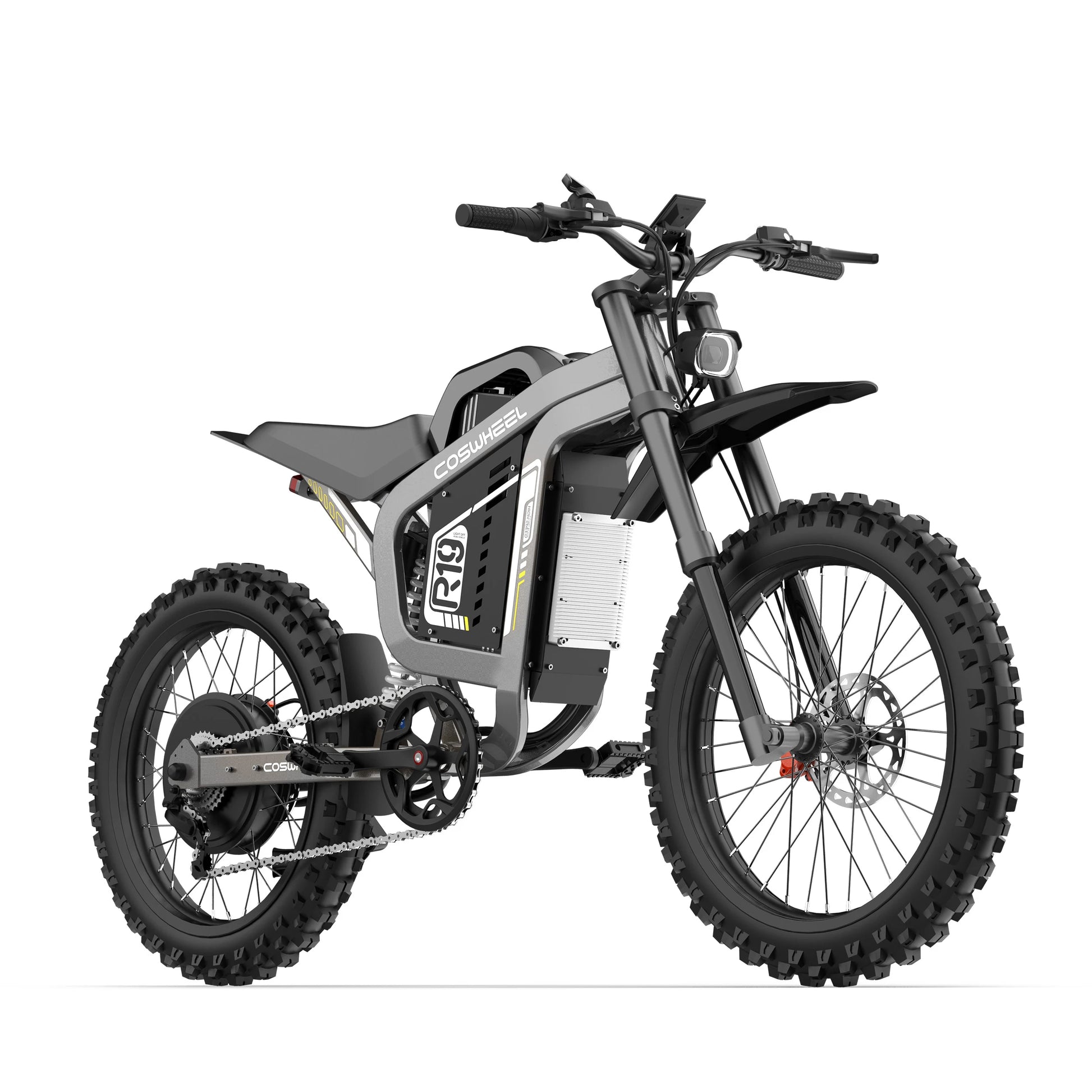 Electric bike with off-road tires on a white background