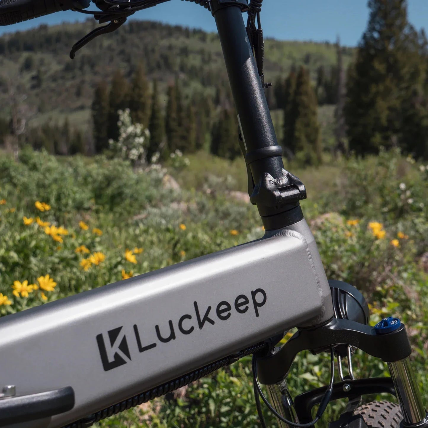 Luckeep electric bike in a natural setting with greenery and flowers