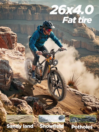 Person riding a bike with fat tires on a rocky trail with text '26x4.0 Fat tire' and 'Sandy land', 'Snowfield', 'Potholes'.