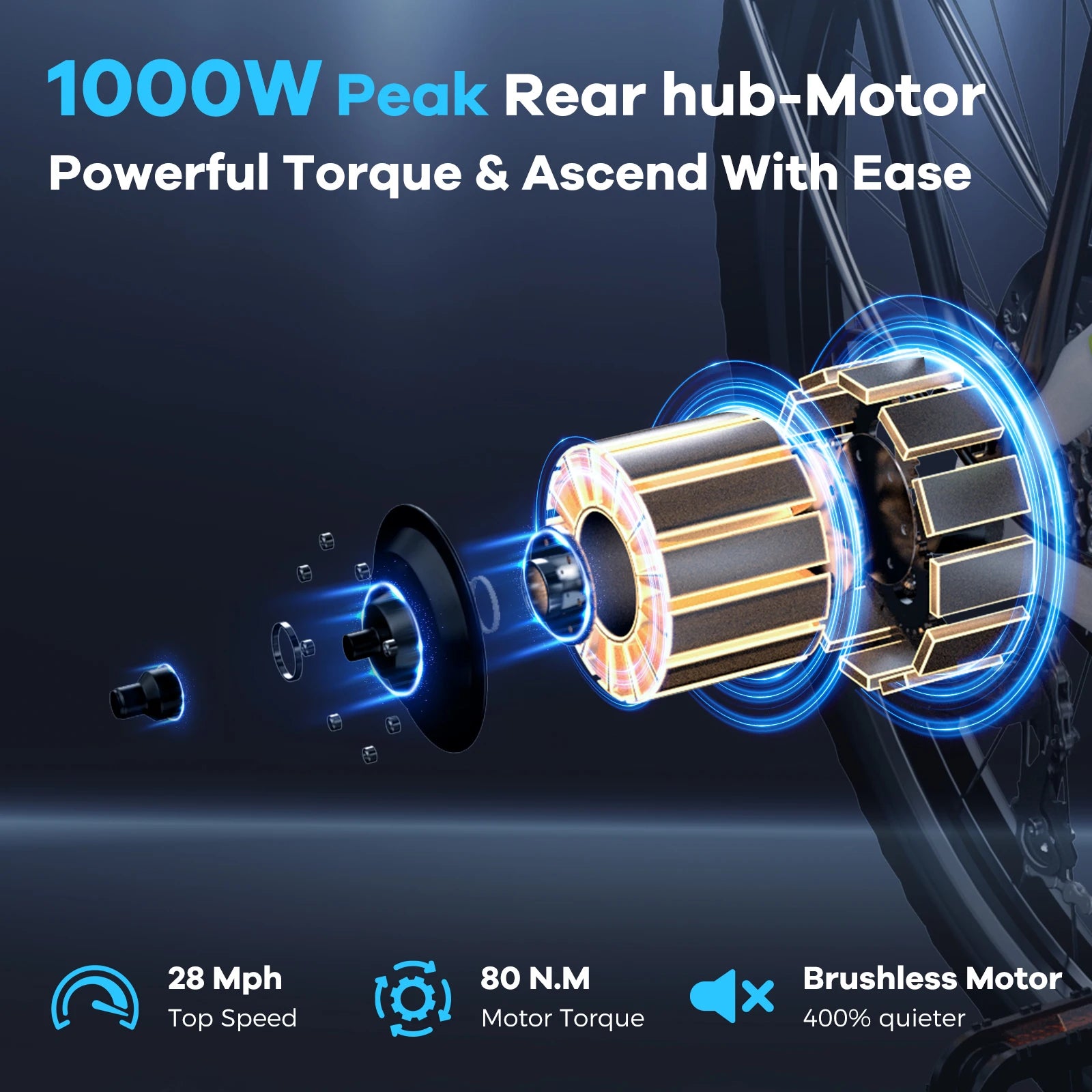 1000W peak rear hub motor with specifications on a dark background