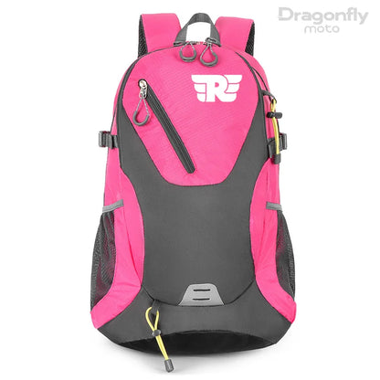 Pink and gray backpack with a visible brand logo on a white background