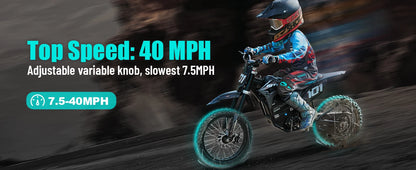 Child riding a dirt bike with top speed information displayed