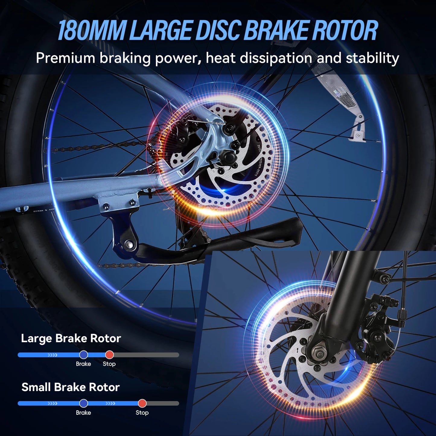 Bicycle wheel with 180mm large disc brake rotor highlighting braking power and stability.