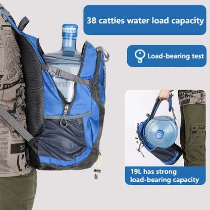 Blue and black backpack with water bottle, highlighting load capacity and load-bearing test.