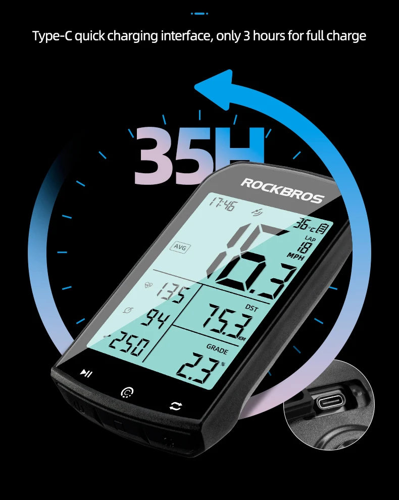 RockBros cycling computer with digital display on a black background