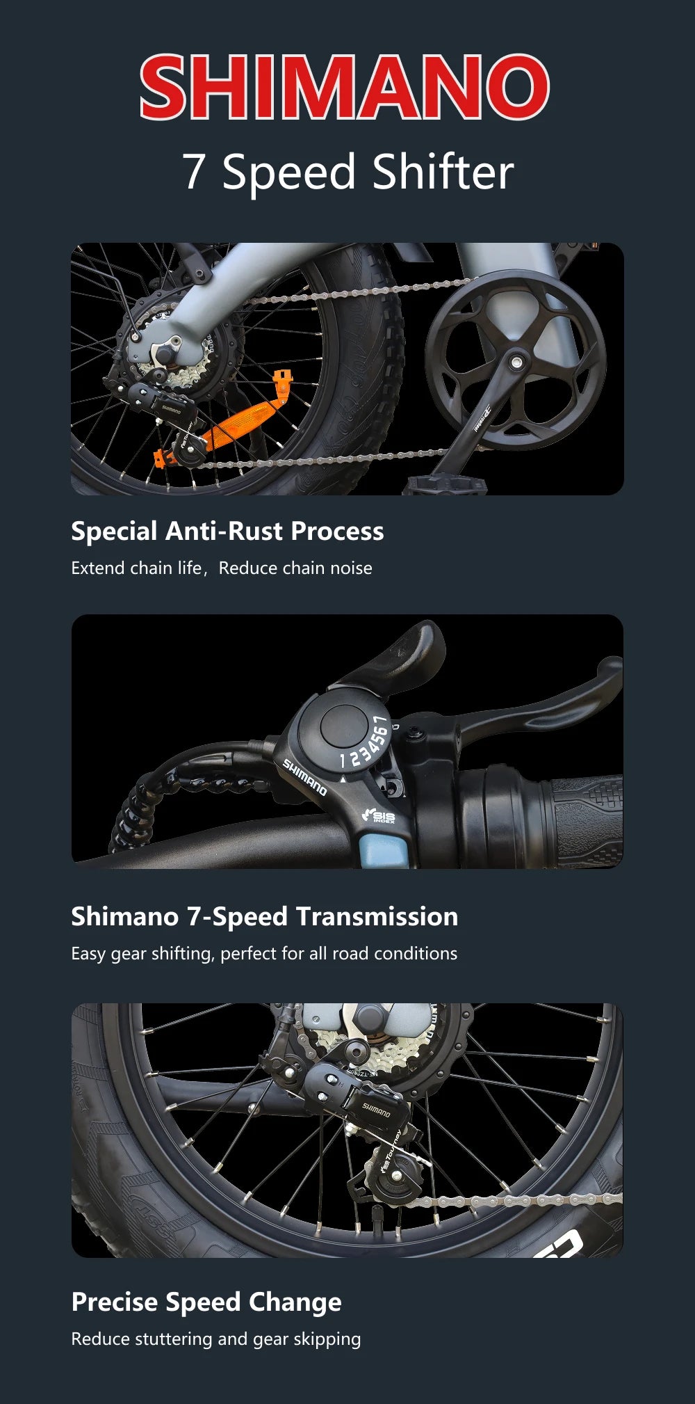 Shimano 7-speed shifter and transmission components with text highlighting features on a dark background.