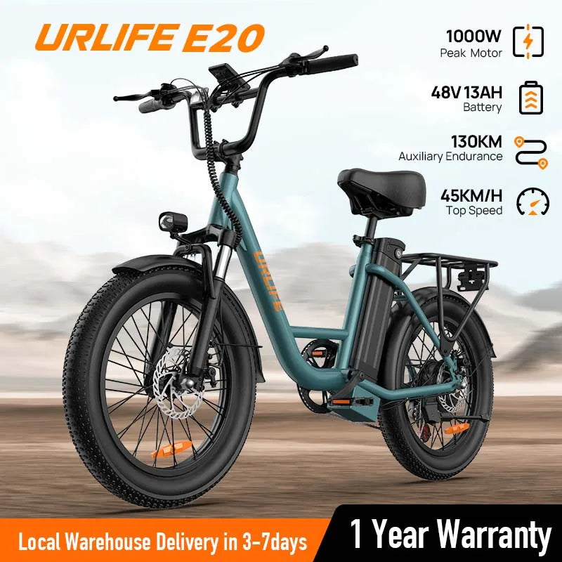 URLIFE E20 electric bike with specifications on a blurred background