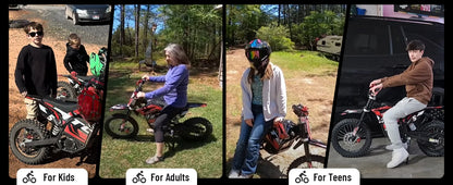 Four different people riding dirt bikes with text indicating suitability for kids, adults, and teens.