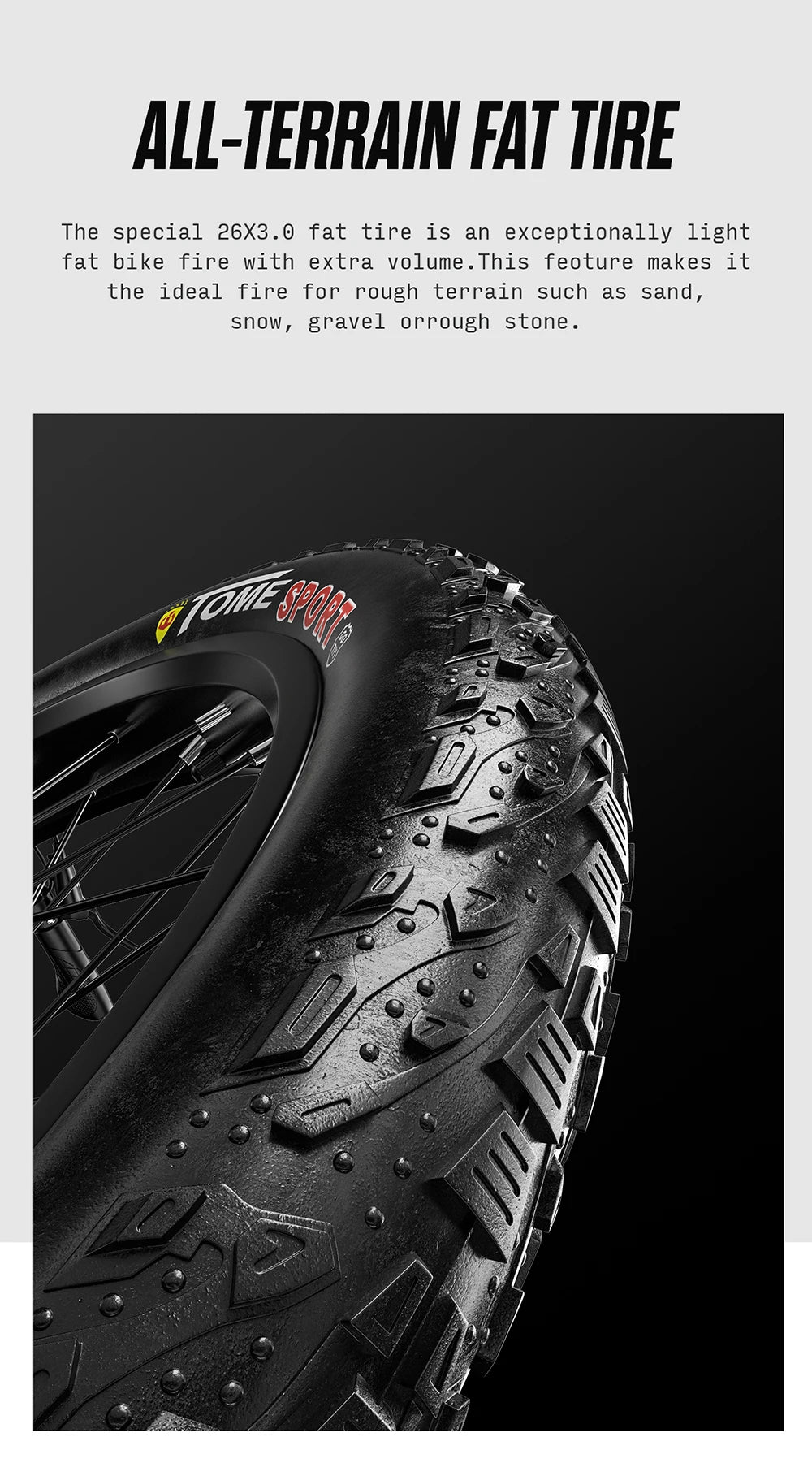 All-terrain fat tire with text describing its features on a black background