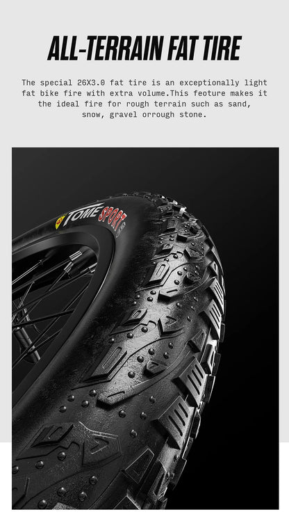 All-terrain fat tire with text describing its features on a black background