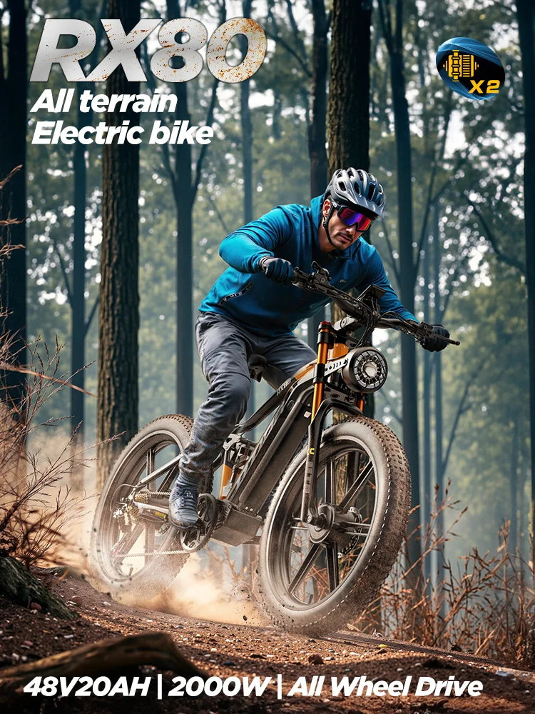 Person riding an electric bike in a forest with promotional text for RX80 All Terrain Electric Bike.
