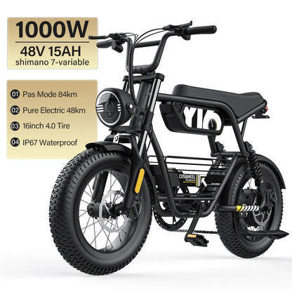 Coswheel Electric Bike1000W 48V 15AH Commuting E bike Y16 Fat Tire E-Bike Mountain Electric Bike Adult Off-Road Electric bicycle