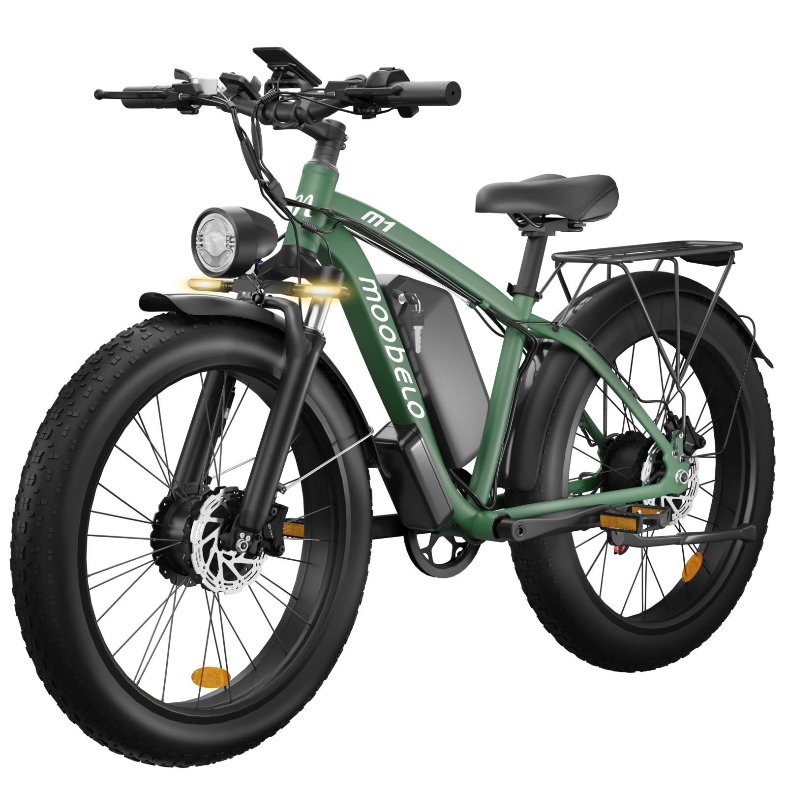 Green electric bike with black tires on a white background