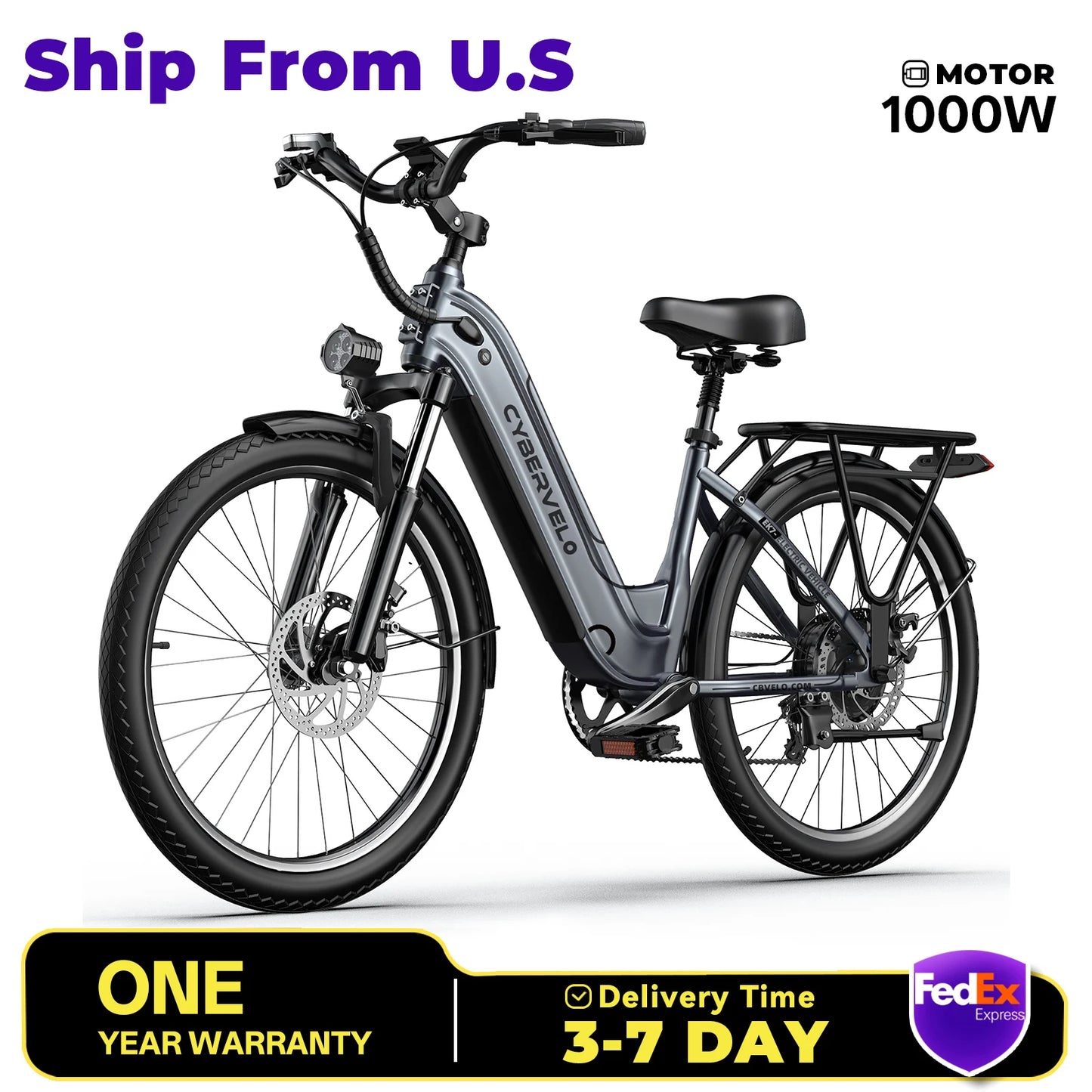 Electric bike with branding and promotional text on a white background