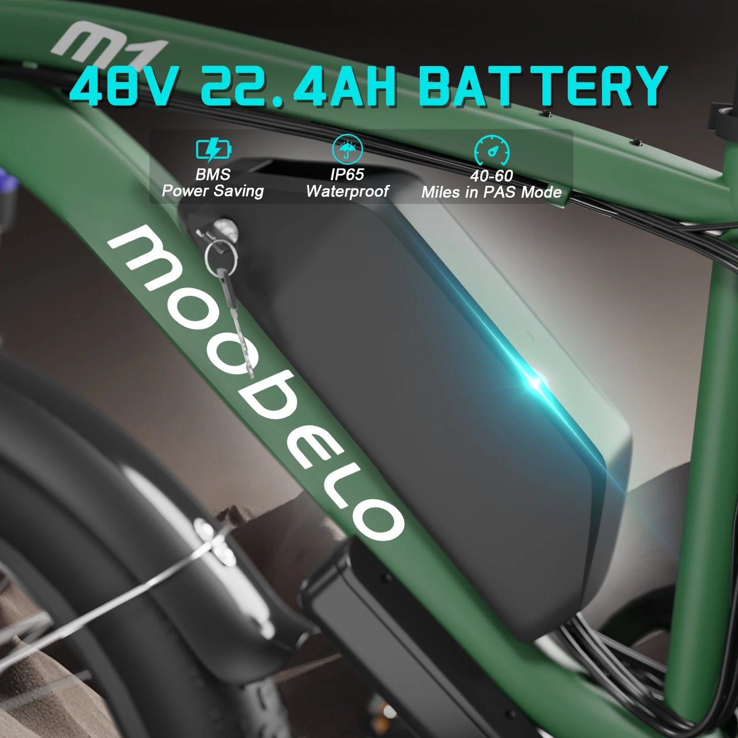Green electric bike frame with battery details and moobeelo branding