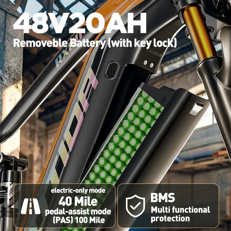 Electric bike with a 48V20AH battery pack, key lock, and various modes displayed.