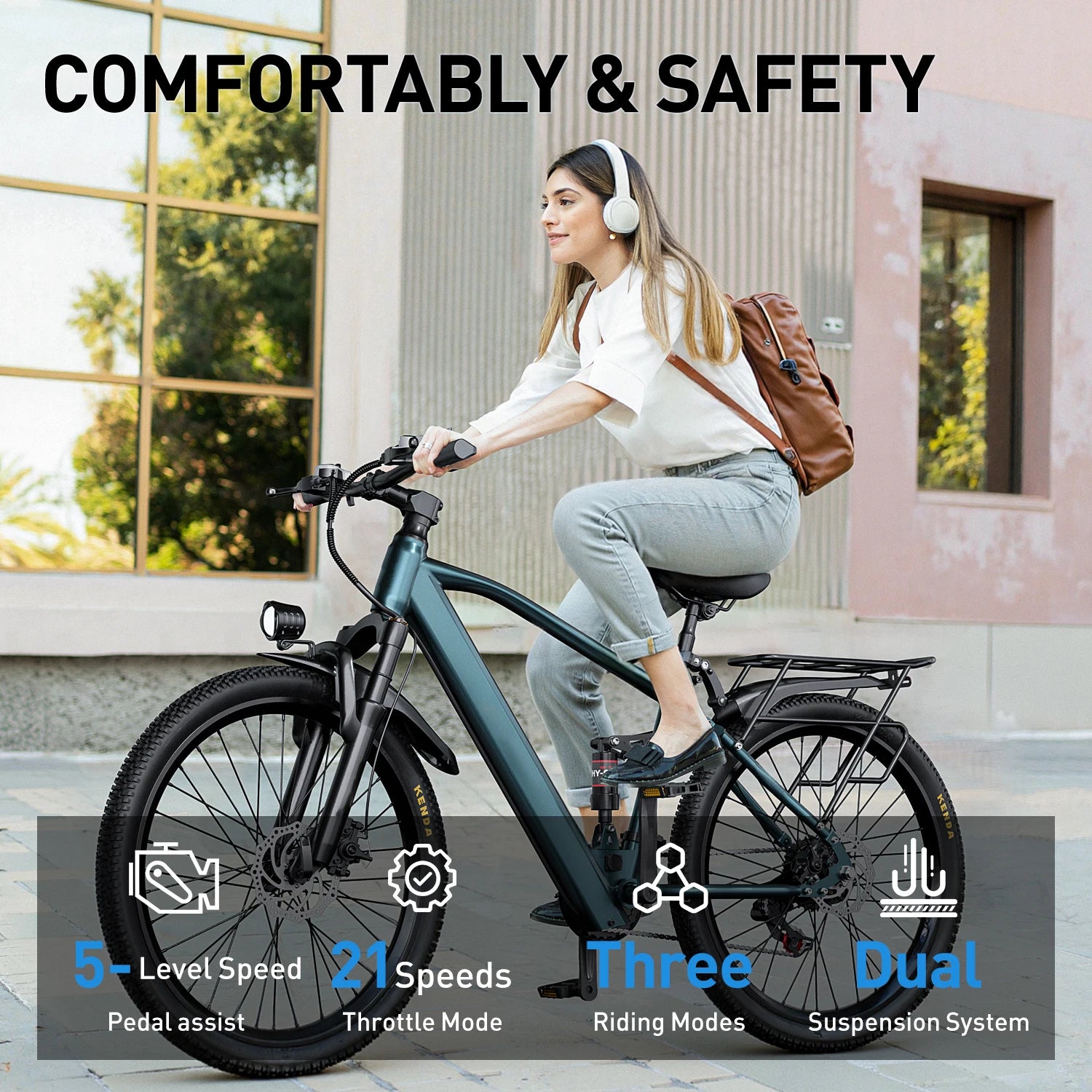Woman riding an electric bike with text about comfort, safety, and bike features.