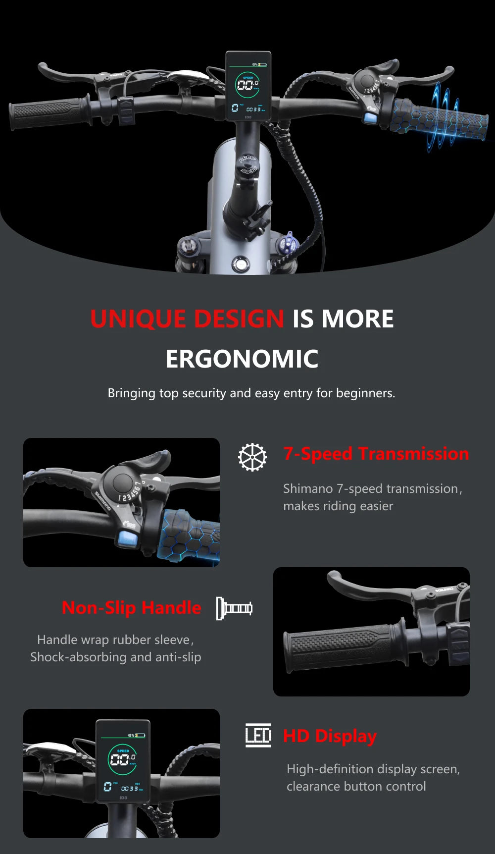 Bicycle handlebar with ergonomic design, 7-speed transmission, non-slip handles, and HD display on a dark background.