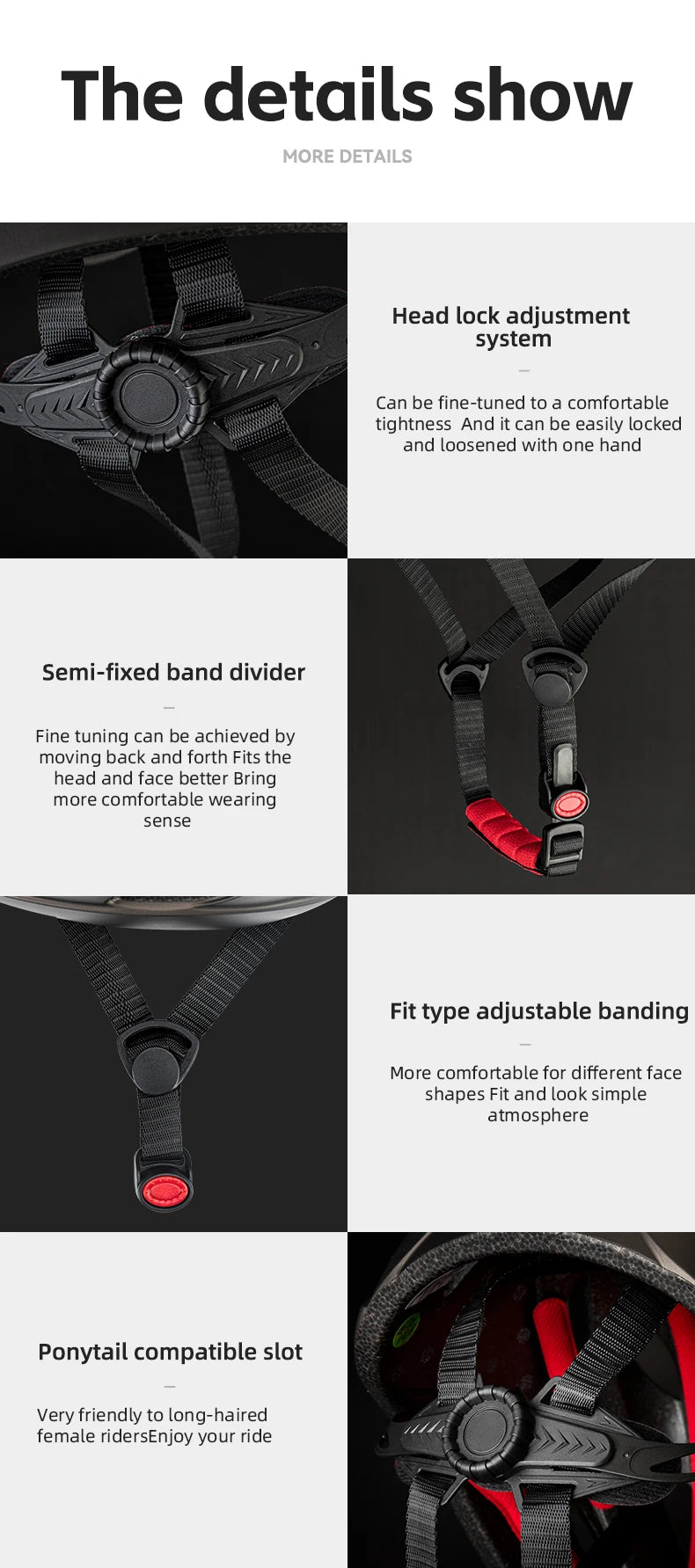 Product features of a headlock system with text detailing its adjustable nature and compatibility.