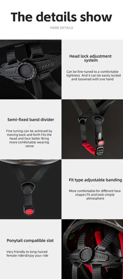Product features of a headlock system with text detailing its adjustable nature and compatibility.