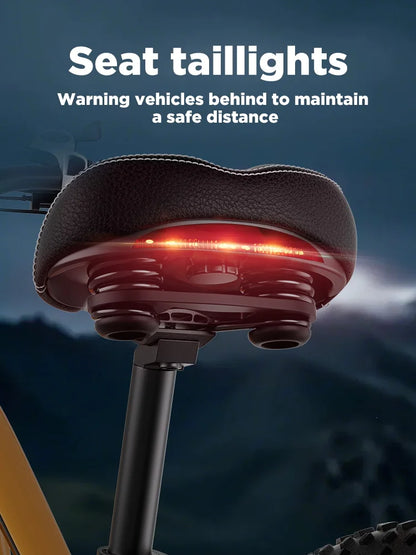 Bicycle seat with red taillight warning vehicles behind to maintain a safe distance.