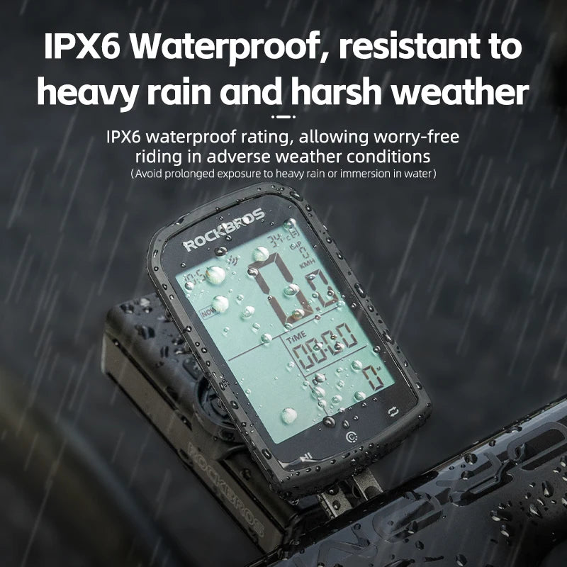 RockBros bike computer with IPX6 waterproof rating in a rain simulation