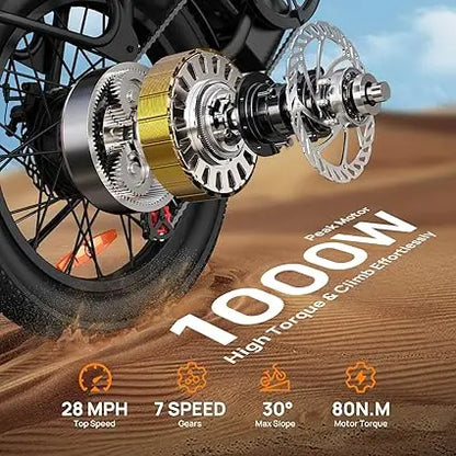 Close-up of a motorcycle wheel with gear system on a dirt road, featuring PeakMotor branding and specifications.