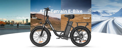 All-Terrain E-Bike with images of city road, soil, sand, and snow on a white background