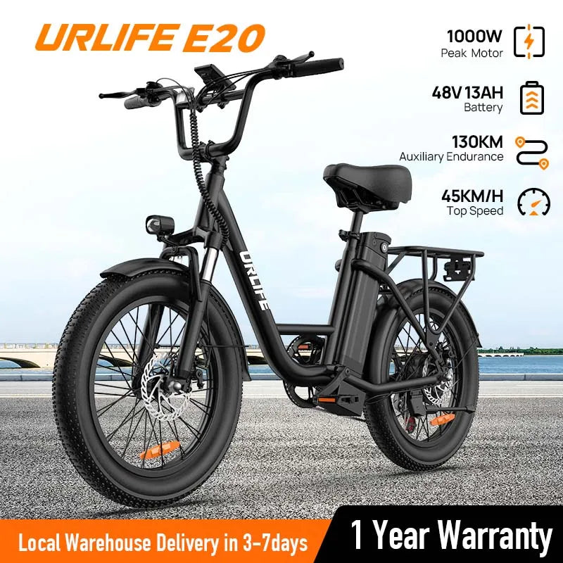 URLIFE E20 electric bike with specifications on a road background