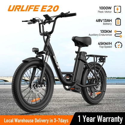 URLIFE E20 electric bike with specifications on a road background